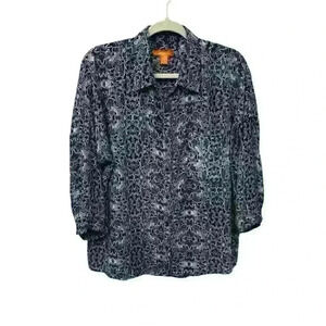 Joe Fresh Womens XL Blouse Blue White Floral Hi-Low Hem Pocket 3/4 Sleeves